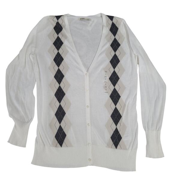 Old Navy Sweaters - Old Navy Y2K women's cardigan white Argyle NWT Size Large Light academia Preppy